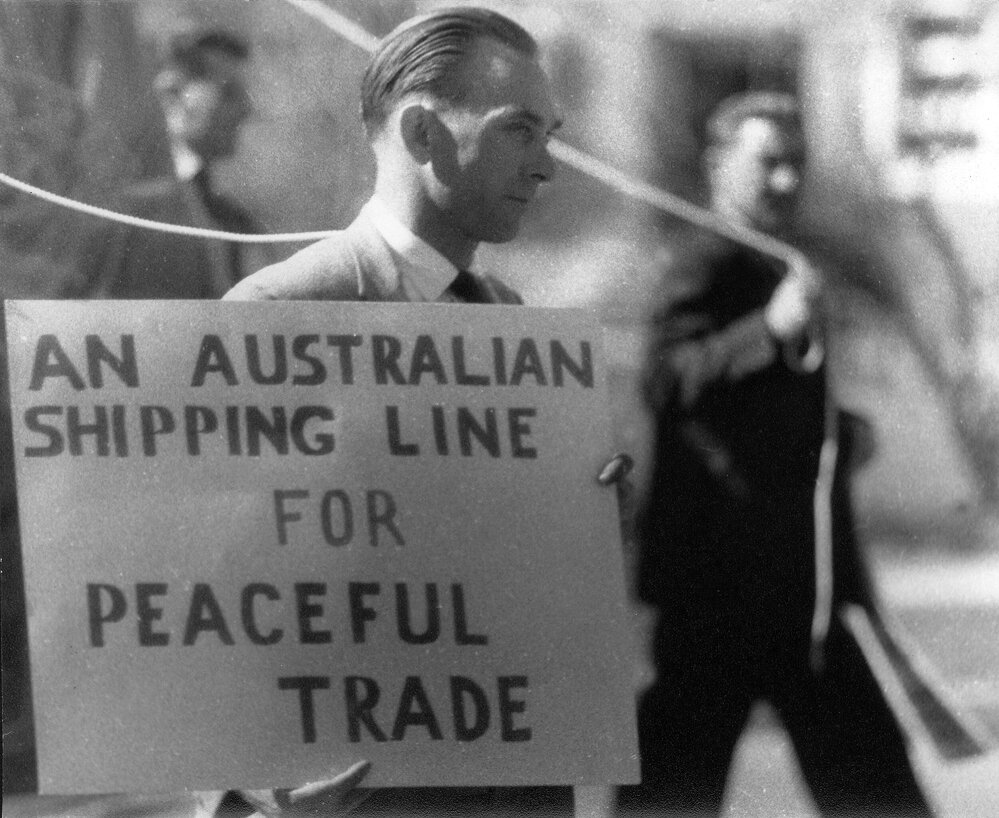 Australian seaman Charlie Smith with a placade at a May Day demonstration in Melbourne in the mid 1960s.