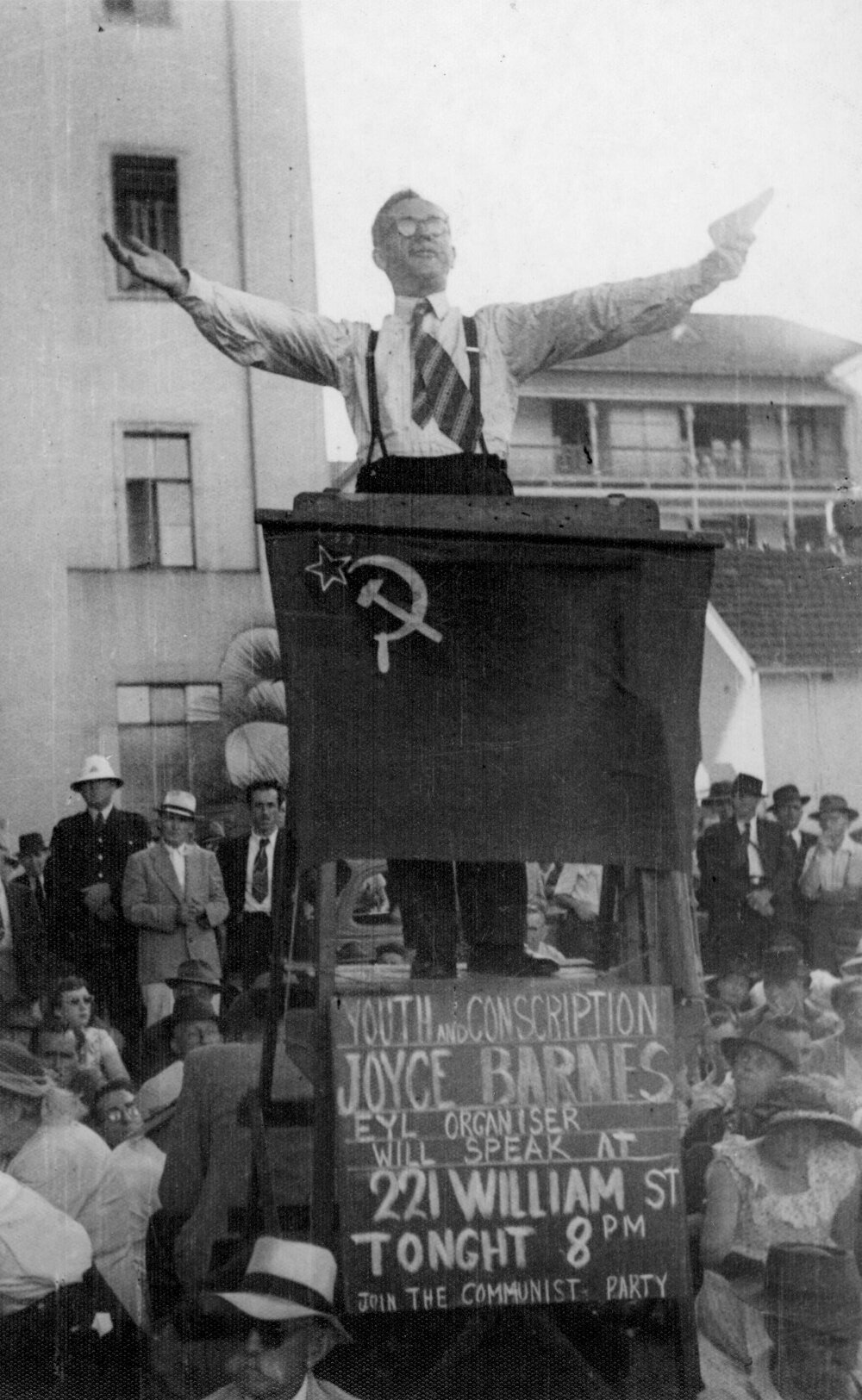A speaker at a Communist Party of Australia street meeting in Sydney, NSW, in the early 1940s.