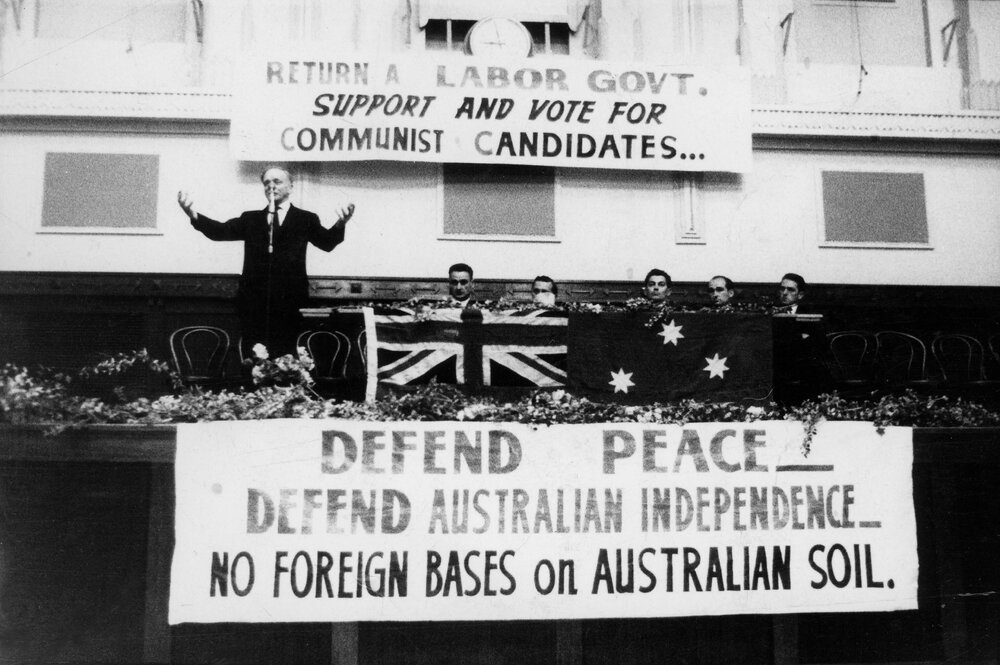 A speaker at an unknown event in support of a Labor government and Communist candidates..