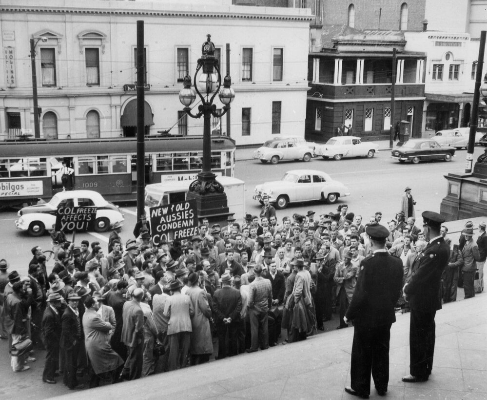 A "Cost of Living Freeze" demonstration at Parliament House, Melbourne in the 1950s.