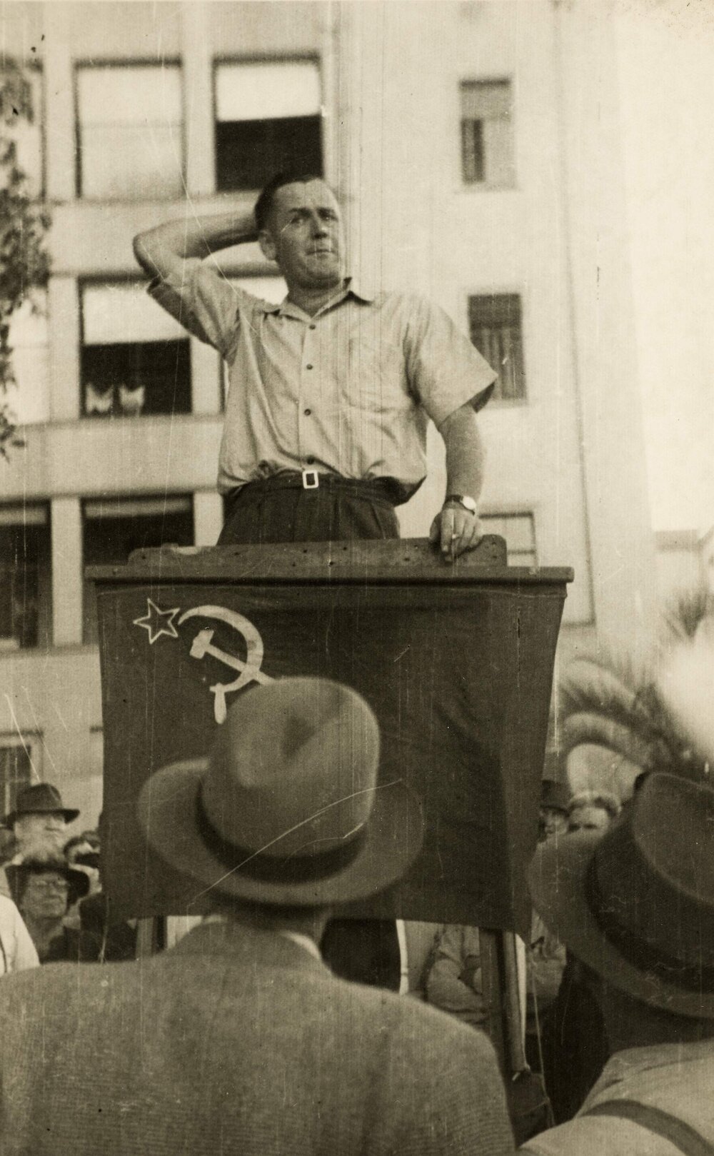 A speaker at a Communist Party of Australia street meeting in Sydney, NSW, in the early 1940s.