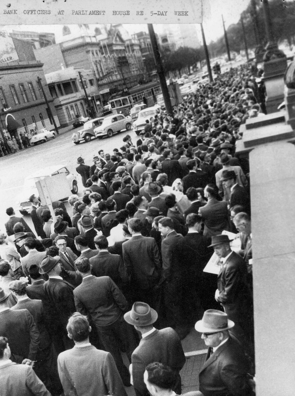 Bank officers protesting at Parliament House, Melbourne.
