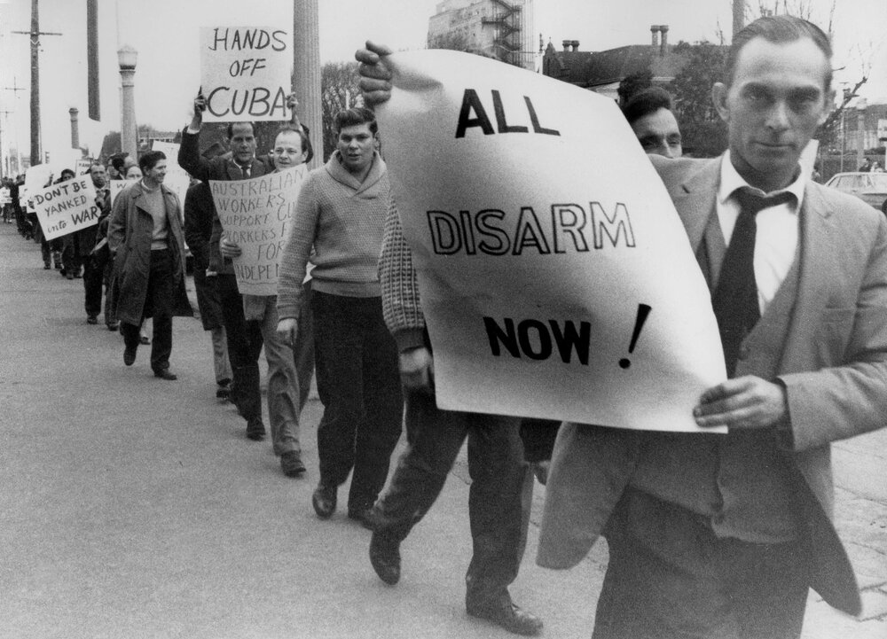 A line of demonstrators outside the United States Consulate in Melbourne.