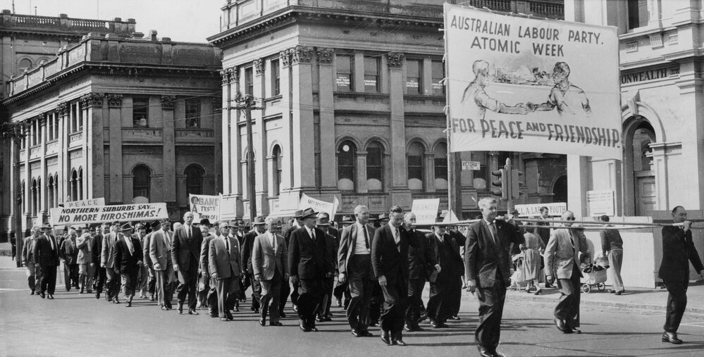 Gordon Bryant, MHR for Wills, leads a protest march past the Victorian Trades Hall building in Melbourne.