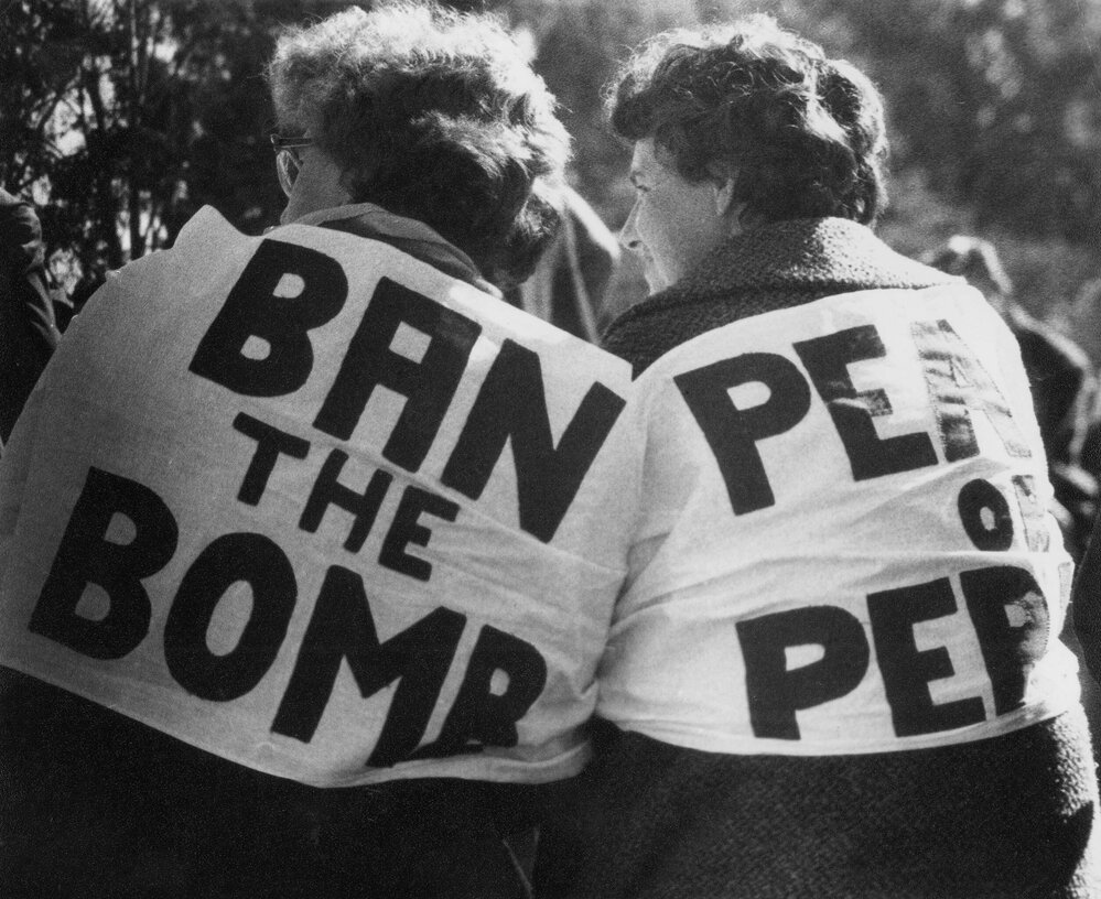 Two women at an ant-nuclear weapons protest.