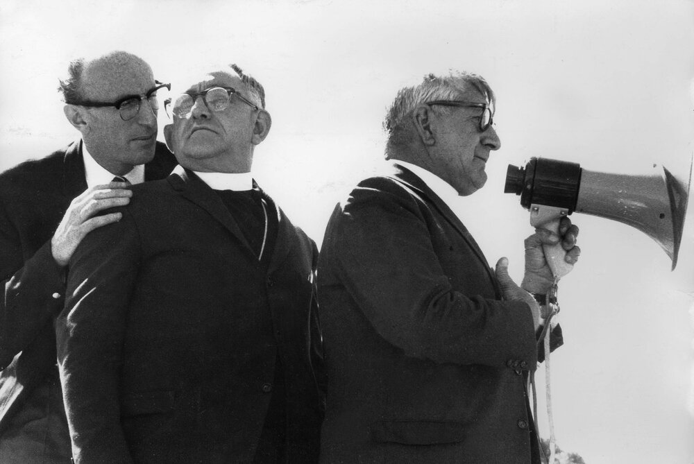 Three demonstators outside Laverton R.A.A.F. base near Melbourne in 1962.
