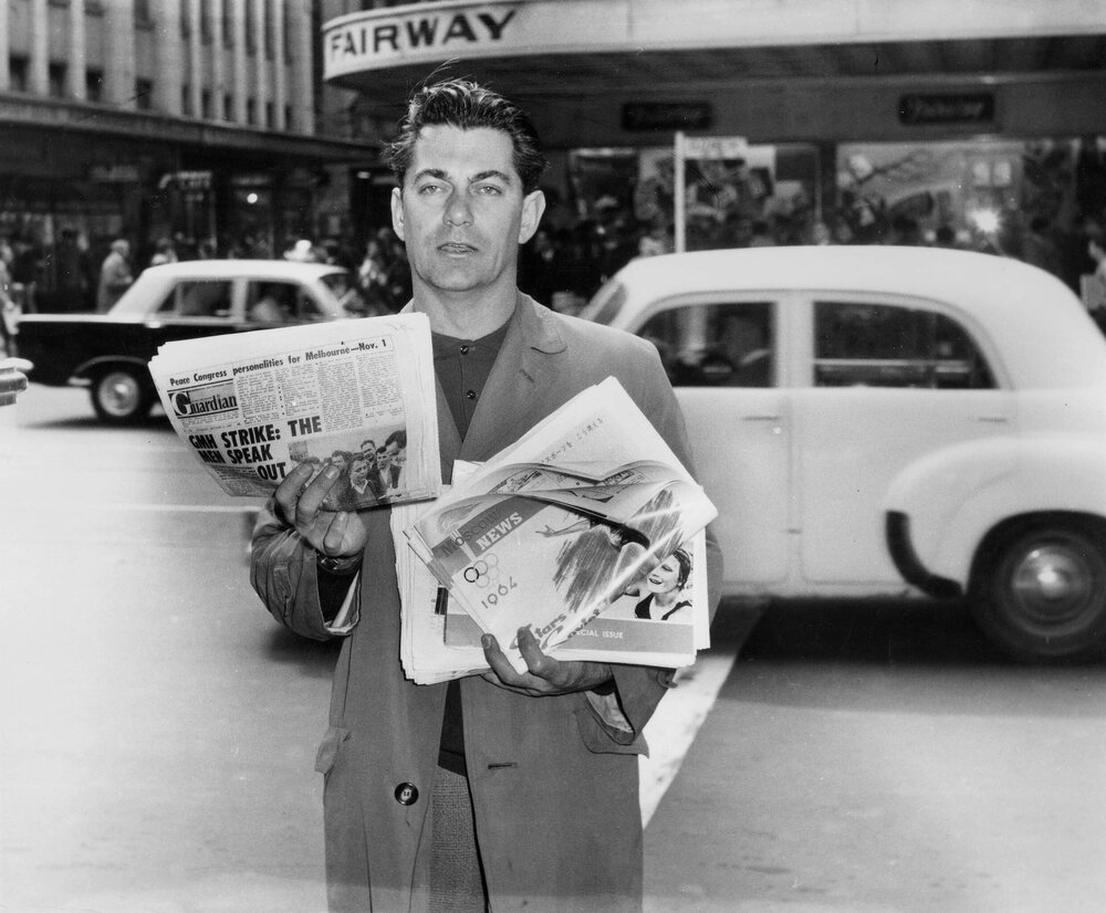 Roger Wilson selling the 'Guardian' newspaper in central Melbourne in 1964.