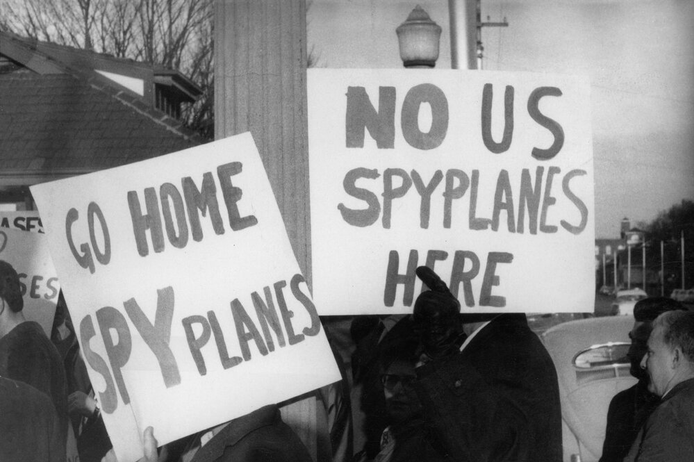 Demonstators at the United States Consulate in Melbourne opposing United States spy plane flights and nuclear bases in Australia.