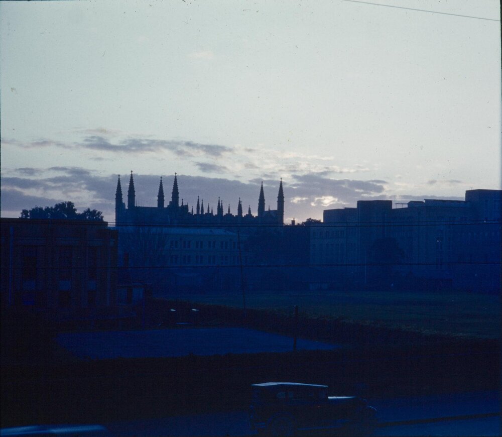 Old Wilson Hall from Swanston Street, University of Melbourne, June 1953.