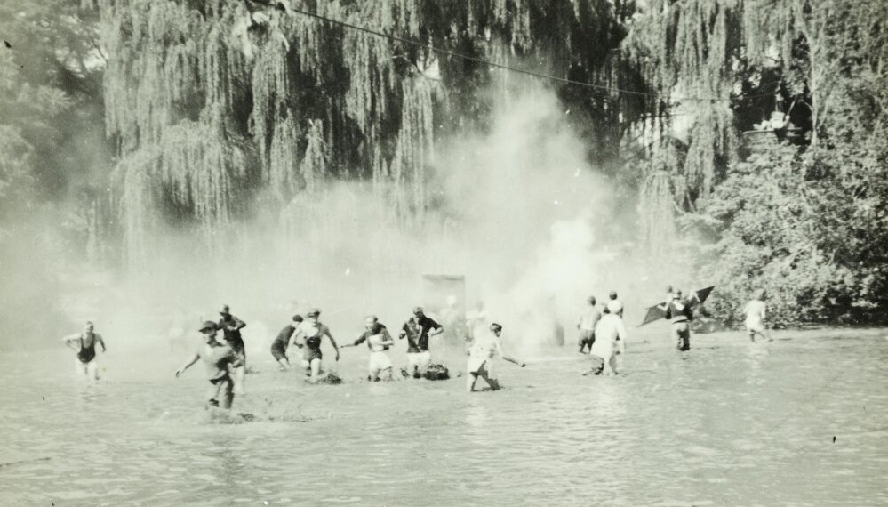 Students in lake, University of Melbourne, 1936.