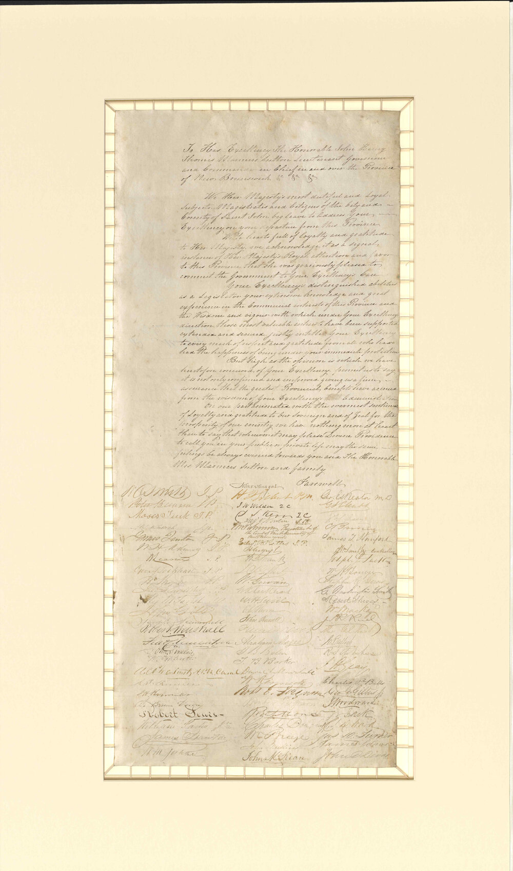 Vellum document signed by the officials of Fredericton, New Brunswick, on the departure of Manners Sutton after seven years as Lietenant Governor of the province