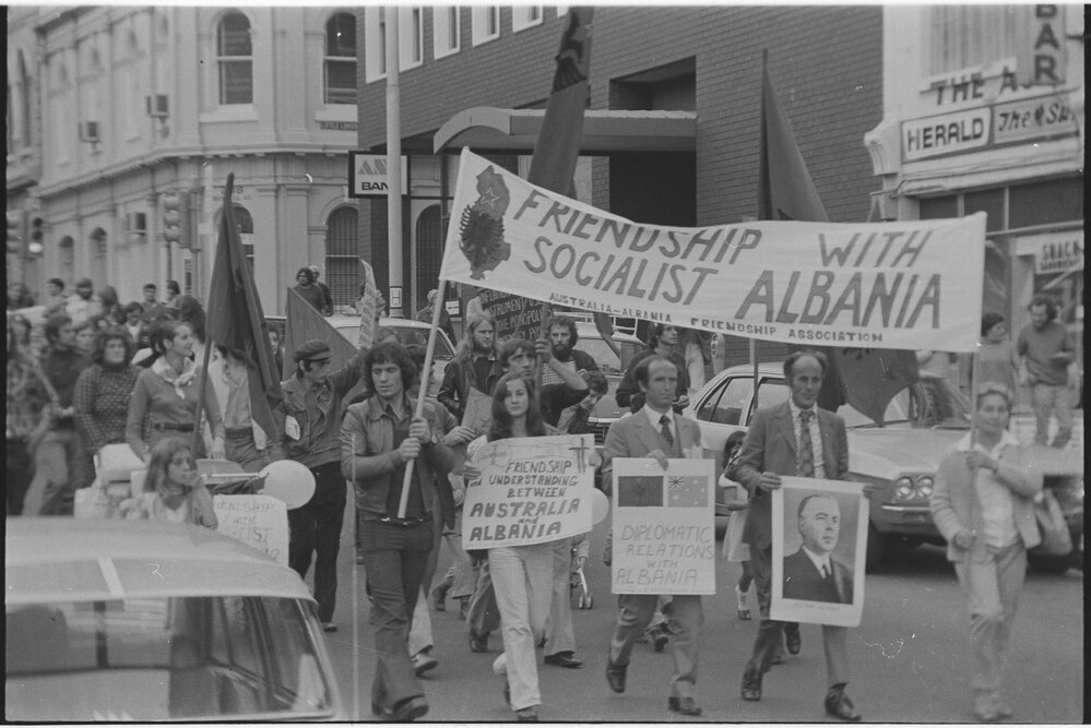 May Day march, 1974 ; banner of friendship with Albania