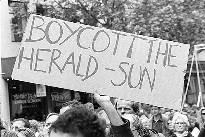 Anti-Kennett Government rally, 1992 - "Boycott the Herald-Sun" banner.