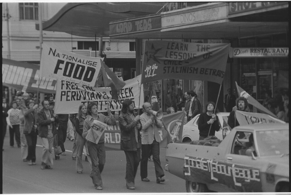 May Day 1974 ; "Nationalise food" banner