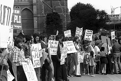 Crowds and banners at the Palestine Liberation Organisation (PLO) demonstration.