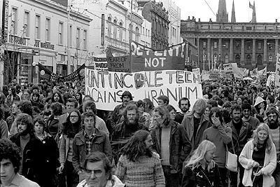 Banners at Movement Against Uranium Mining march, 3rd August 1978