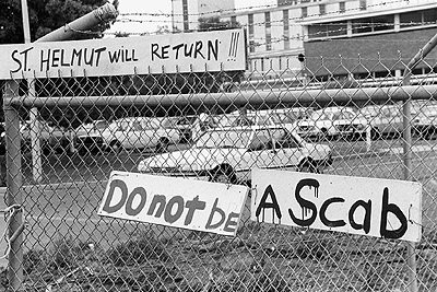 "Don't be a scab" poster at Hoechst chemical plant picket line, 23rd October 1990.