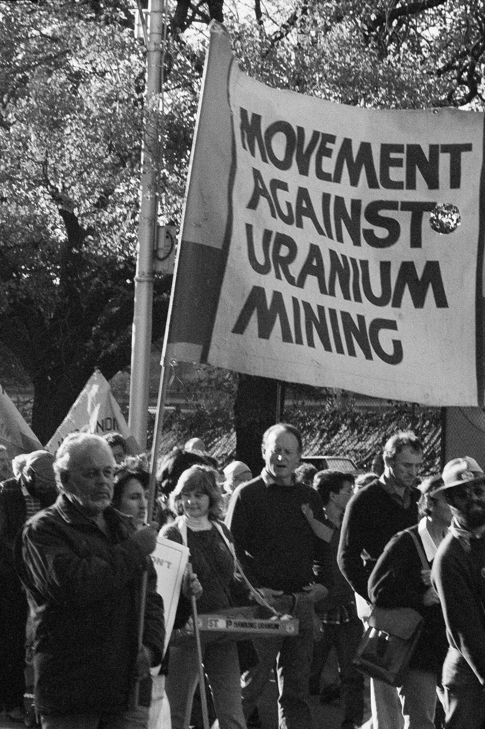 "Movement against Uranium Mining" banner at May Day rally, 1986