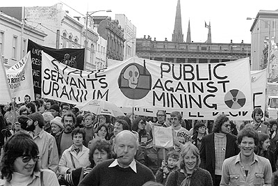 Banners at Movement Against Uranium Mining march, 3rd August 1978