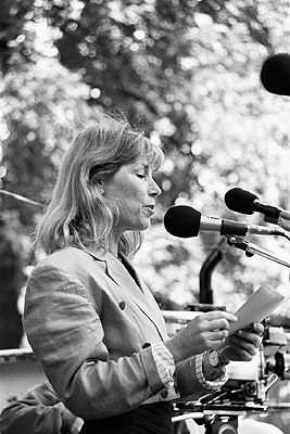 Tricia Caswell at the People for Nuclear Disarmament Palm Sunday Rally, April 1990.