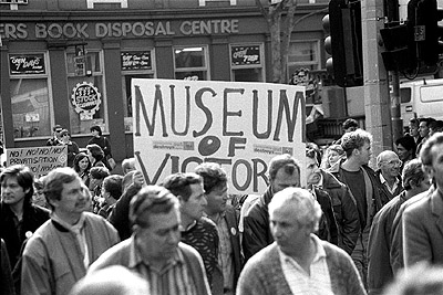 Public Sector Services union protest, 1992 - "Museum of Victoria" banner.