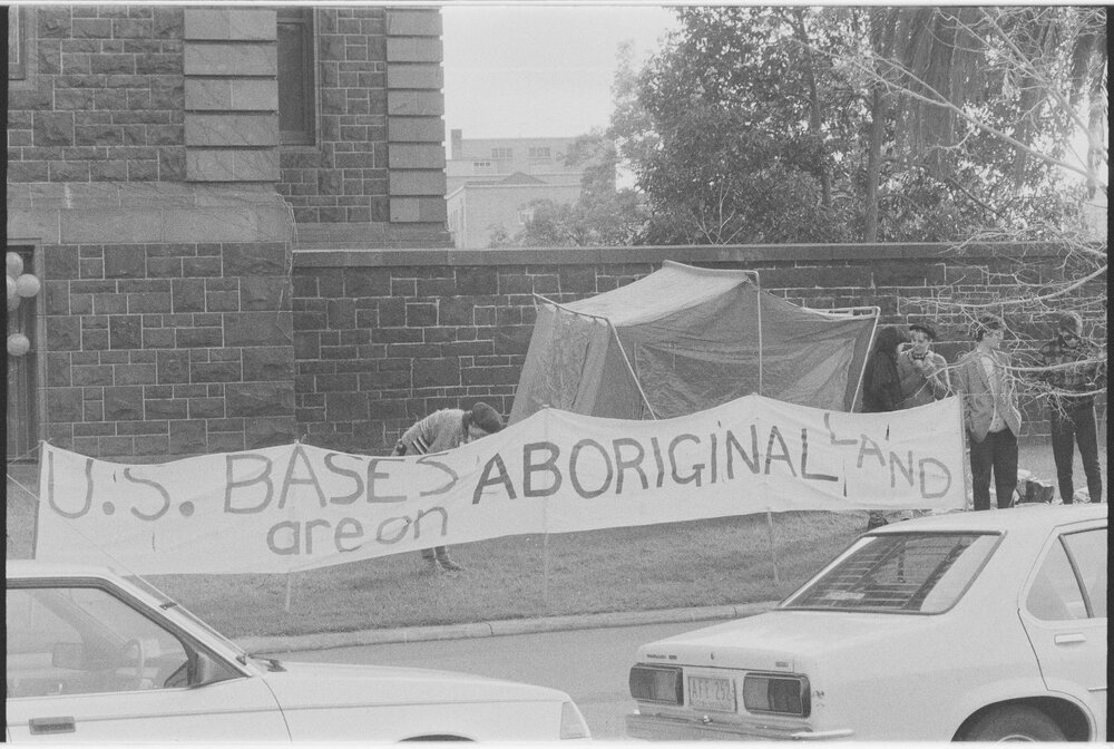 Anti-U.S. military bases demonstration outside Army Barracks, St Kilda Road, 1988