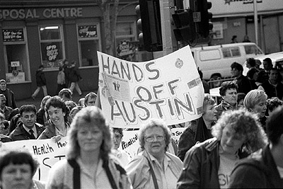 Public Sector Services union protest, 1992 - "Hands Off Austin" banner.