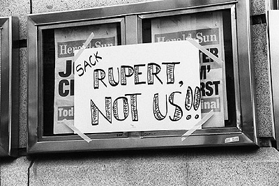 "Sack Rupert not us" poster at Australian Journalists' Association picket line, 1991.