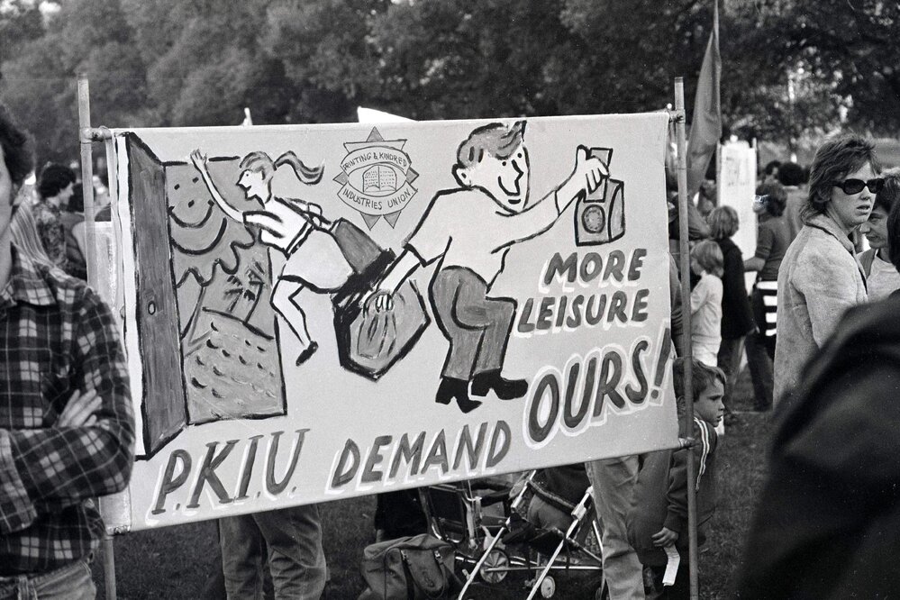 May Day, 1981 - Printing and Kindred Industries Union (PKIU) banner.