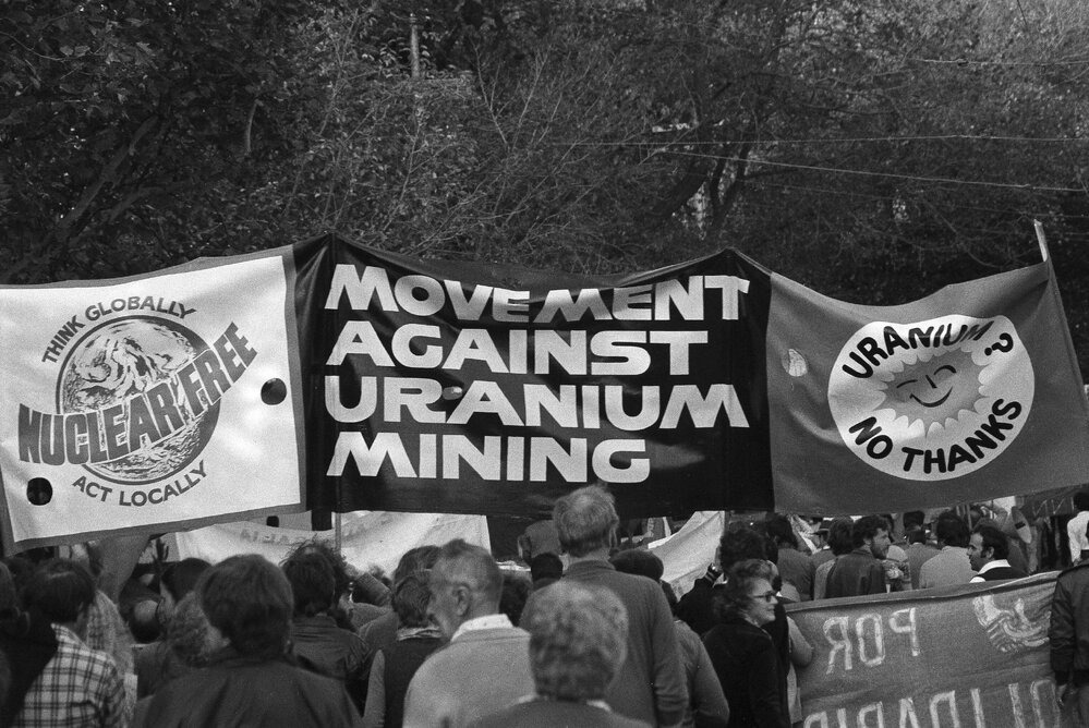 May Day 1982 - Movement Against Uranium Mining banner.