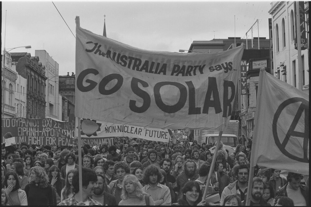 Banners at Movement Against Uranium Mining march, 3rd August 1978