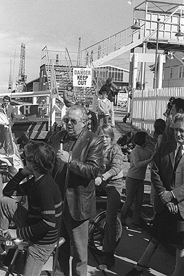 Jim Roulston at U.S.S. Truxtun protest, Station Pier, September 1976