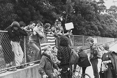 Ciaron O'Reilly at Watsonia Army Barracks demonstration, 18th October 1987