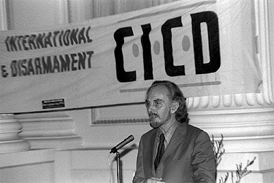 Allan Ashbolt speaking at a Congress for International Co-operation and Disarmament "Go Ahead for Peace" reception.