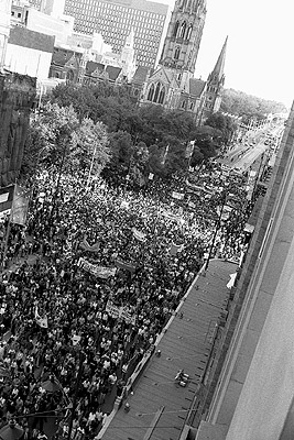 View from sixth floor of the Manchester Unity building during the second Persian Gulf war protest march, 25 January 1991.