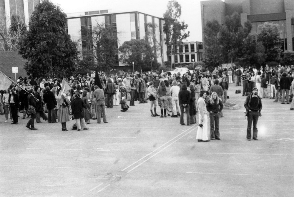 Protest at Malcolm Fraser's visit to Monash University, 1976
