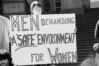 "Men demanding a 'safe' work environment for women" poster at Men Against Sexual Assault rally, 1st September 1990.