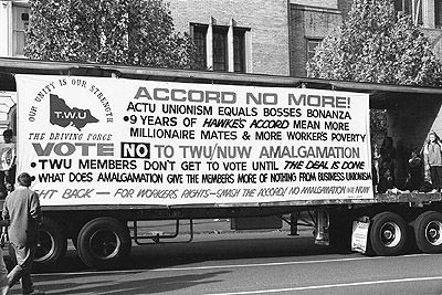 Transport Workers' Union "Accord no more" banner at May Day rally, 1991.