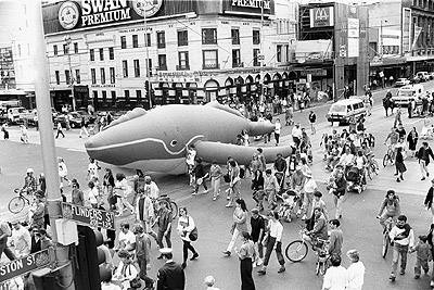 Greenpeace whale float at the People for Nuclear Disarmament Palm Sunday Rally, April 1990.