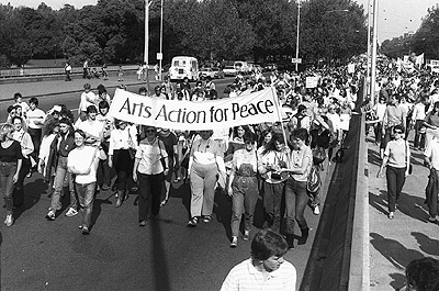 "Arts action for peace" banner at Palm Sunday rally, April 1984.