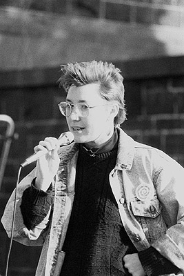 Jo Hayter at anti-U.S. military bases demonstration outside Army Barracks, St Kilda Road, 1988