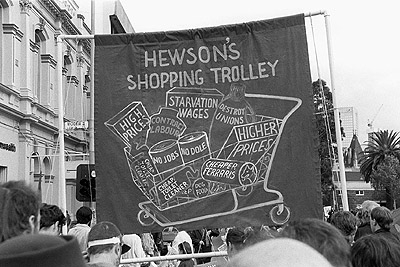 May Day, 1992 - "Hewson's Shopping Trolley" banner.
