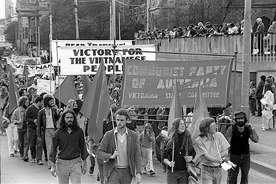 May Day march in Melbourne 1975 with banners.