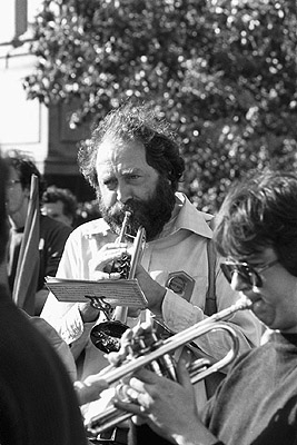 Barry McKimm (trumpet with the Melbourne Symphony Orchestra) at the May Day rally, 1982.