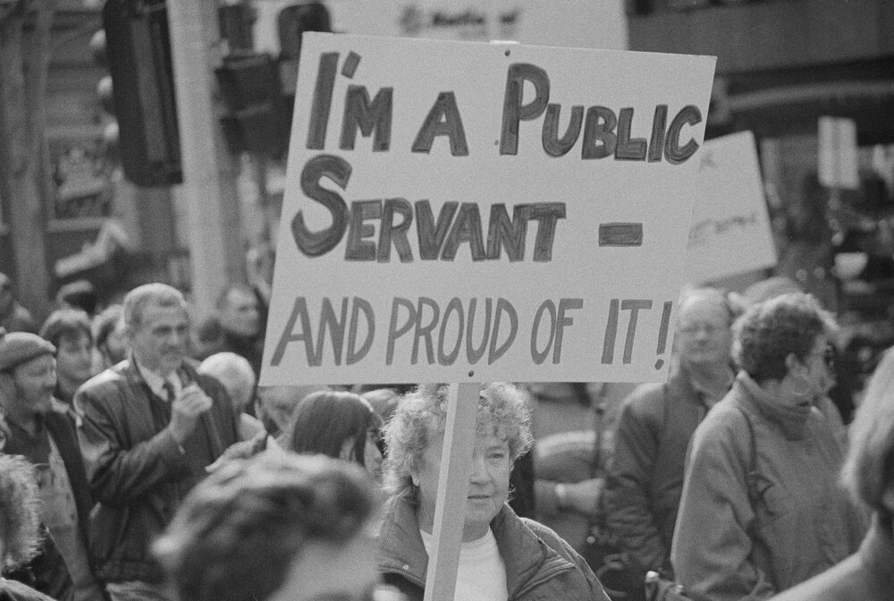Public Sector Services union protest, 1992 - Public Servants' banner.
