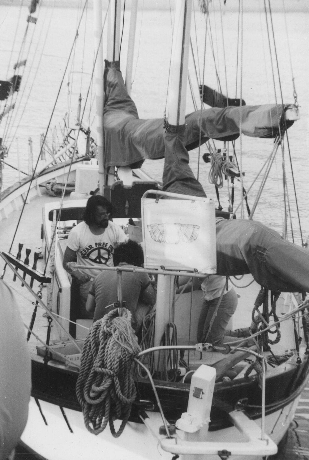 Rolf Heimann preparing his yacht La Flor to sail into anti-nuclear test site at Mururoa.