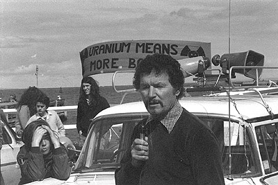 George Coote  at U.S.S. Truxtun protest, Station Pier, September 1976