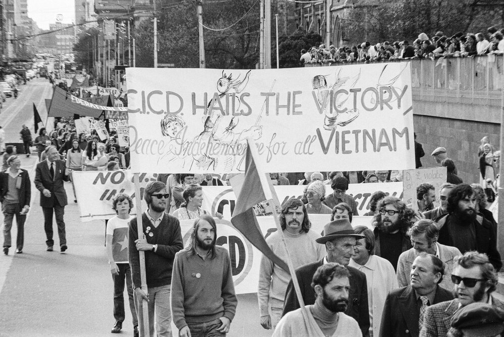 May Day march 1975 with Congress for International Co-operation and Disarmament banner