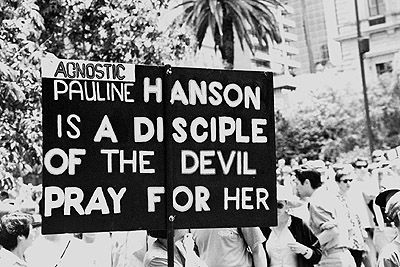 Anti-racism rally and march through Melbourne, 8th December 1996 - 'Pauline Hanson' banner.