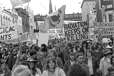 Banners at Movement Against Uranium Mining march, 3rd August 1978